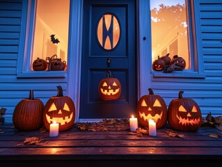 Obraz premium Festive Halloween Decor with Jack-o'-Lanterns and Candles Outside Home