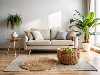 Cozy Living Room Rug, Woven Basket, Sofa - Minimalist Photography
