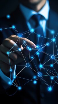 Businessman Touching Futuristic Network Connection Digital Interface Close Up Vertical Shot