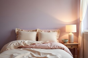 Cozy lilac bedroom with warm nightstand light
