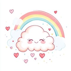 Cute Smiling Cloud with Rainbow and Hearts on a Soft Background