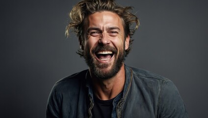 Obraz premium In a studio portrait, a bearded man around thirty laughs heartily, full of joy.