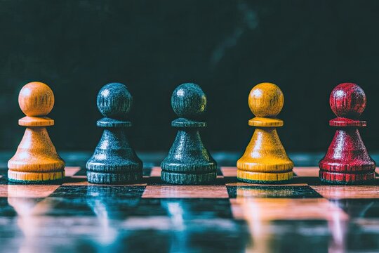 Colorful chess pieces lined up on a dark checkered board.  Close-up view of four pawn pieces in yellow, dark gray, and dark red.  Chessboard is in focus