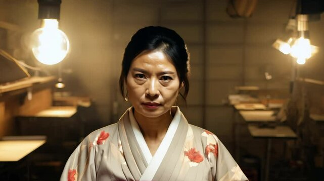 The camera slowly zooms in as a serious 32-year-old asian woman wearing a japanese kimono walks confidently, facing the camera, inside a workshop
