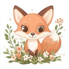 Cute Cartoon Fox Surrounded by Flowers and Greenery in a Whimsical Style