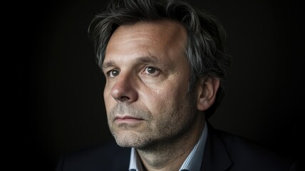 Fototapeta premium Portrait of a Man with Dark Hair and Stubble in a Dark Suit