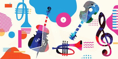 Colorful Abstract Music Instruments Background, Modern Jazz Art Style Vector