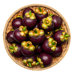 Whole and halved mangosteen with dark purple skin and white juicy flesh, isolated on transparent background, perfect for tropical fruit visuals, organic food promotions, and exotic produce ads.