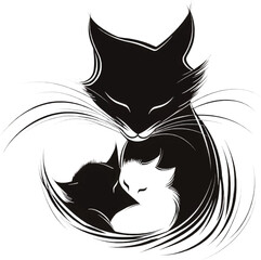 Cat and Kitten Illustration in Clean Black and White Line Art