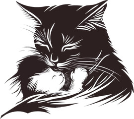 Minimalist Black and White Line Art of a Cat and Kitten Sleeping Calmly