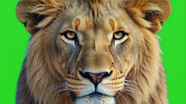 Close up lion face looking camera , green screen background , video.