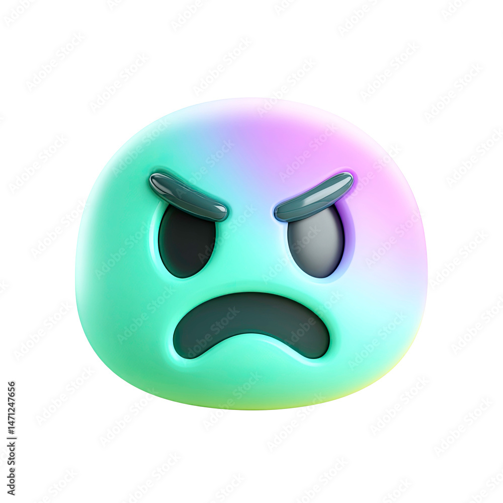Poster 3d render of an angry emoji with gradient colors on transparent background