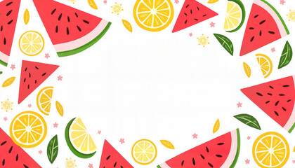 Fruit Border Illustration with Watermelon and Lemon on White Background  