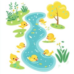 Cute Yellow Ducklings Swimming in a Sunny Stream with Greenery