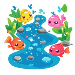 Colorful Cartoon Fish Swimming in Playful Pond with Bubbles and Leaves