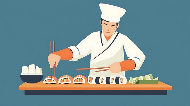 Sushi Chef Preparing Rolls. (1) - Powered by Adobe