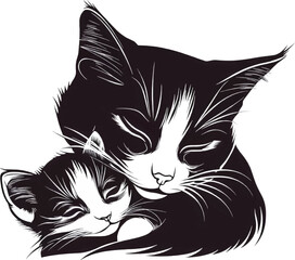 Black and White Line Art Illustration of Sleeping Mother Cat and Kitten