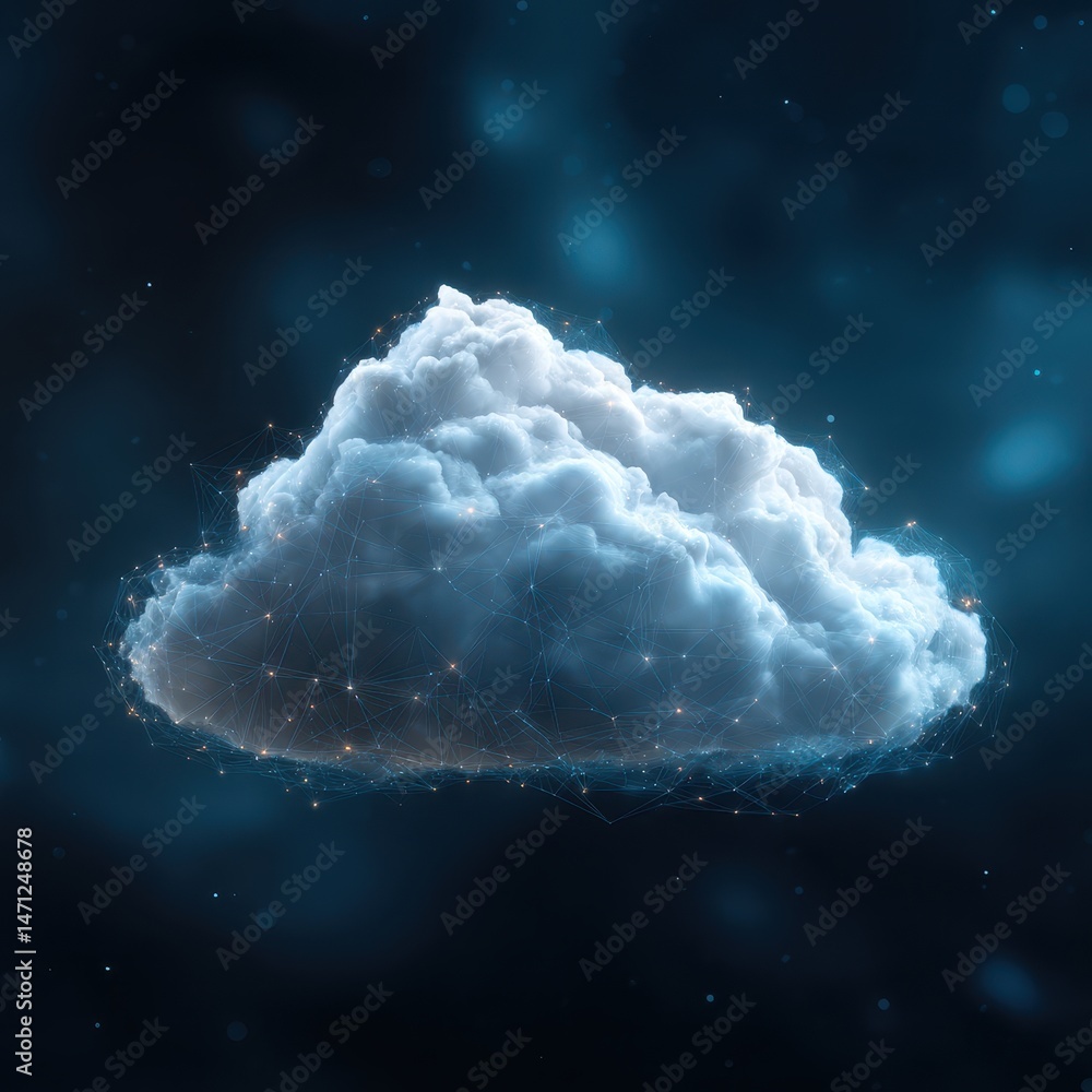 Poster conceptual cloud computing illustration with network connections and data transfer in a dark blue di
