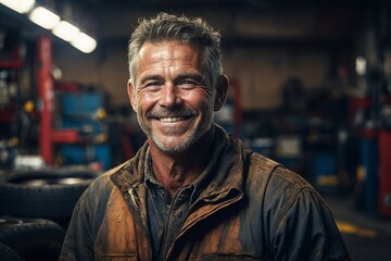 Obraz premium A weathered mechanic with a grin that lights up his face, he holds a tire expertly in an auto repair shop