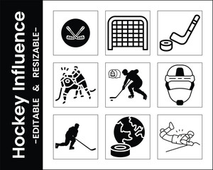 Black And White Ice Hockey Icon Set With Players And Equipment