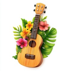 Wooden Ukulele Surrounded by Colorful Tropical Flowers and Leaves