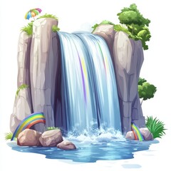Colorful Waterfall with Rainbow and Greenery in Cartoon Style
