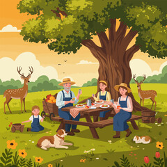 Fototapeta premium Family Enjoying Picnic Lunch Outdoors with Deer and Dogs in Meadow