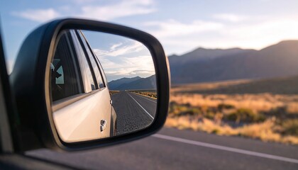 Fototapeta premium Trucks side mirror reflecting endless road ahead, symbolizing freedom