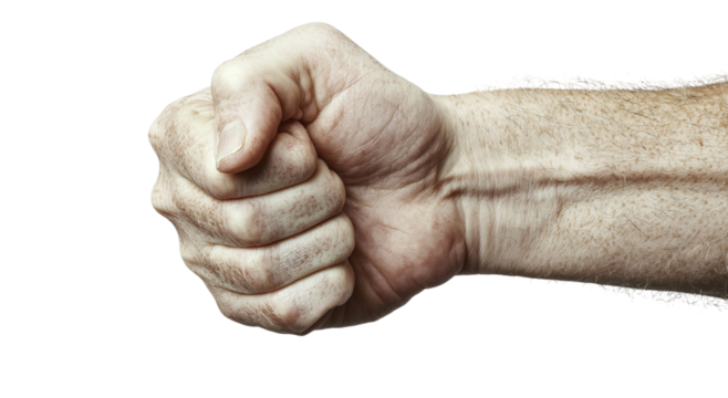 Png of A close-up of a clenched fist, symbolizing strength and determination, with visible veins and texture on the skin.