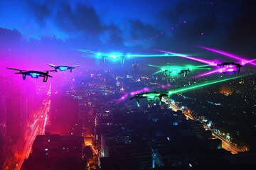 Obraz premium Night cityscape aerial view, multiple drones illuminated with vibrant colors, flying in formation