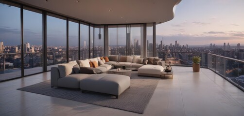 Fototapeta premium Sleek penthouse, panoramic city vista, modern design, bright, suite