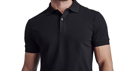 Png of A close-up of a confident male model wearing a sleek black polo shirt, showcasing modern style and elegance.