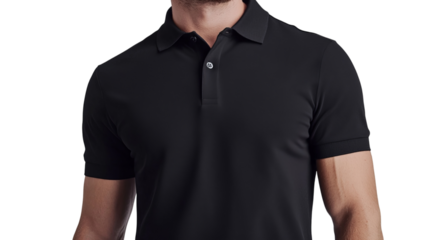 Png of A close-up of a confident male model wearing a sleek black polo shirt, showcasing modern style and elegance.