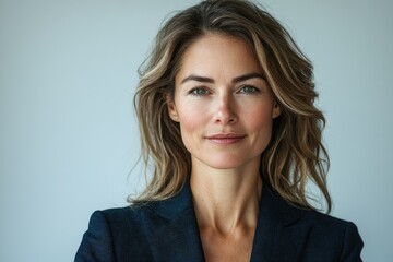 Obraz premium Portrait of a confident woman with light brown hair, wearing a dark blazer, looking directly at the camera.