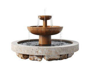 Wooden Water Fountain Flows Tranquilly with Stone Base, Transparent Background