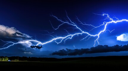 Dramatic Lightning Strikes Across Dark Clouds in Night Sky Landscape