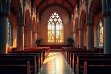 Fototapeta premium Serene church interior, stained glass illuminating quiet prayer space , mystical, temple