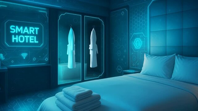 Modern Smart Hotel Room with Neon Interface, Hanging Robes and Folded Towels Representing Luxury and Digital Hospitality

