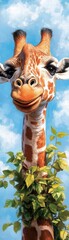 Happy Giraffe Portrait Against Blue Sky