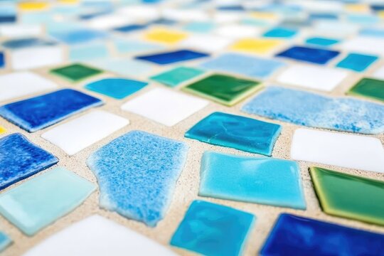 Close-up of a mosaic tile pattern in various shades of blue, green, yellow, and white.  The tiles are arranged in a  geometric pattern on a light beige background