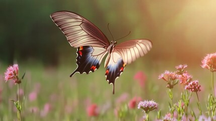 Fototapeta premium Colorful Butterfly Flying Above Pink Flowers in Soft Natural Light