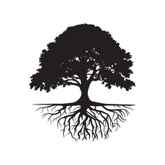 Black tree silhouette with roots and leaves.
, tree with roots, vector isolated on white background,