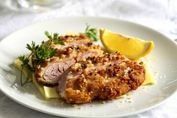 A photograph of a golden-brown, crispy pork cutlet