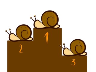 Cute illustration of three snails on a winners' podium. The first-place snail is at the top center, second on the left, and third on the right
