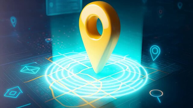 Yellow Location Marker on Glowing Digital Grid Representing Navigation, Map Tracking, Geolocation and Virtual Positioning

