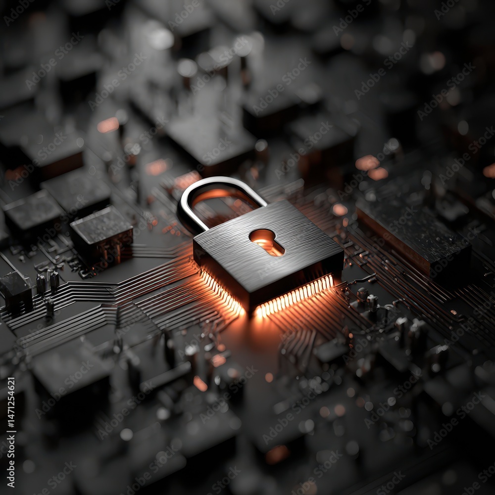 Poster cybersecurity lock on illuminated circuit board macro shot illustrating data protection and digital 