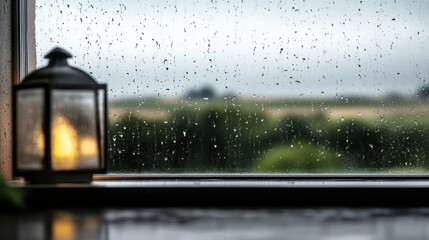 Rainy Window with Lantern and Soft Focus Landscape Background