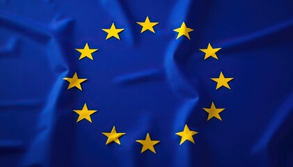 Close-up shot of the European Union flag, showing the twelve gold stars on a blue background , diplomacy, continent