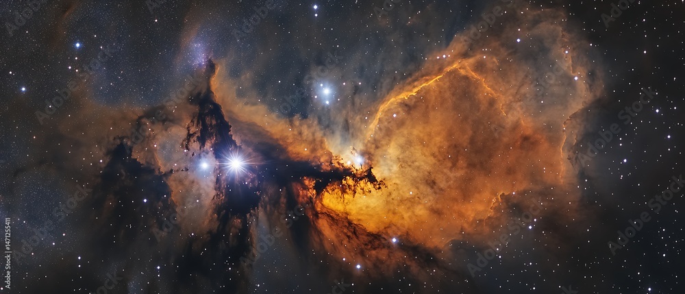 Poster a majestic star-forming region with dynamic light patterns and glowing cloud textures.