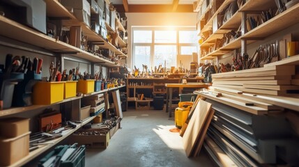 Bright and Organized Workshop with Tools and Shelves Filled